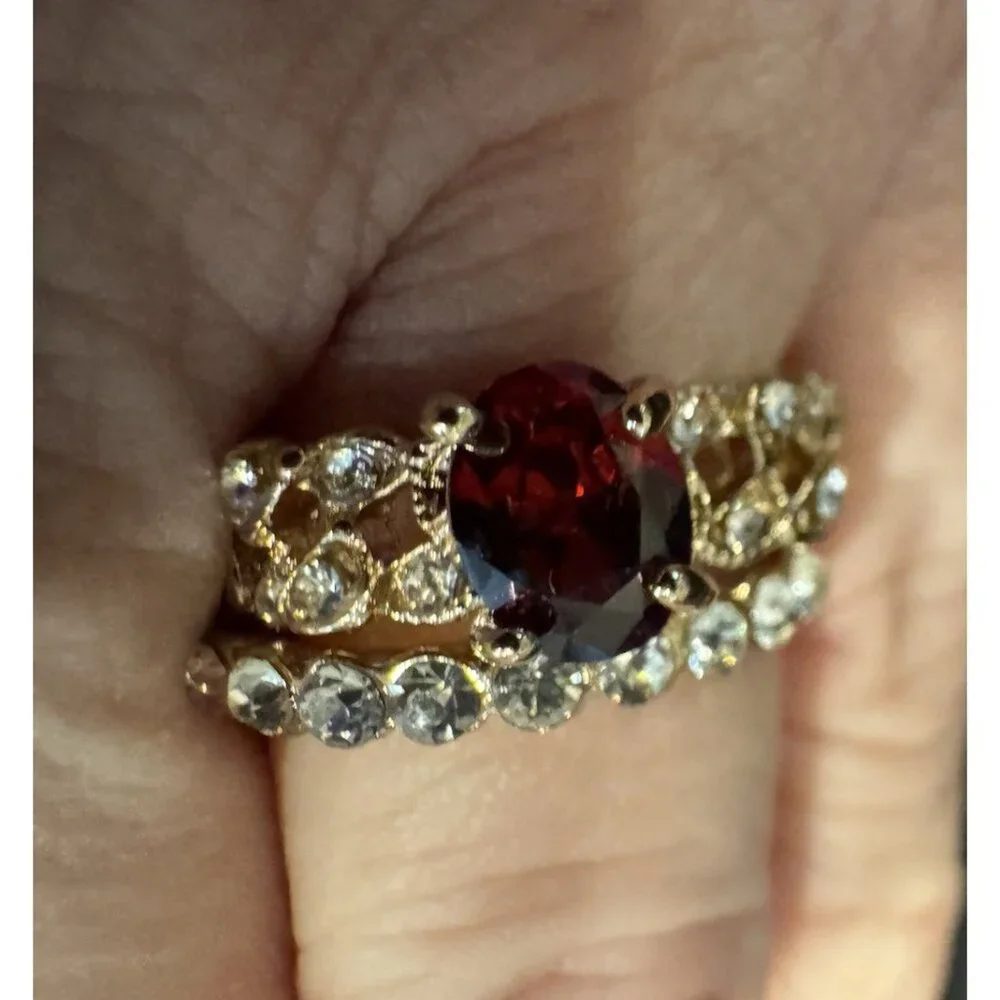 NEW Fashion CZ Moissanite Ruby 2 PC Stackable Ring Goldtone Women 18 US 8
